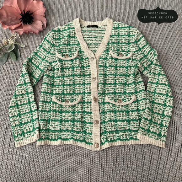 Maje Metalo Tweed Two-tone tweed-effect knit cardigan jacket - Picture 1 of 14